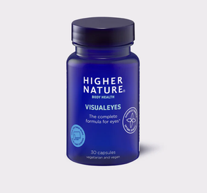 Blue bottle of Higher Nature Visualeyes on a light gray background