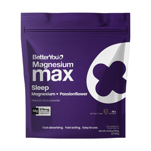 Purple package of BetterYou Magnesium max Sleep supplement on a white background
